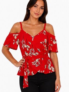 Sienna Sky Red Floral Cold-Shoulder Blouse - Size S